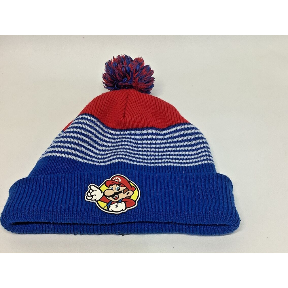 Retro Mario Knit Beanie Hat Blue Red White Pom Pom Vintage One Size